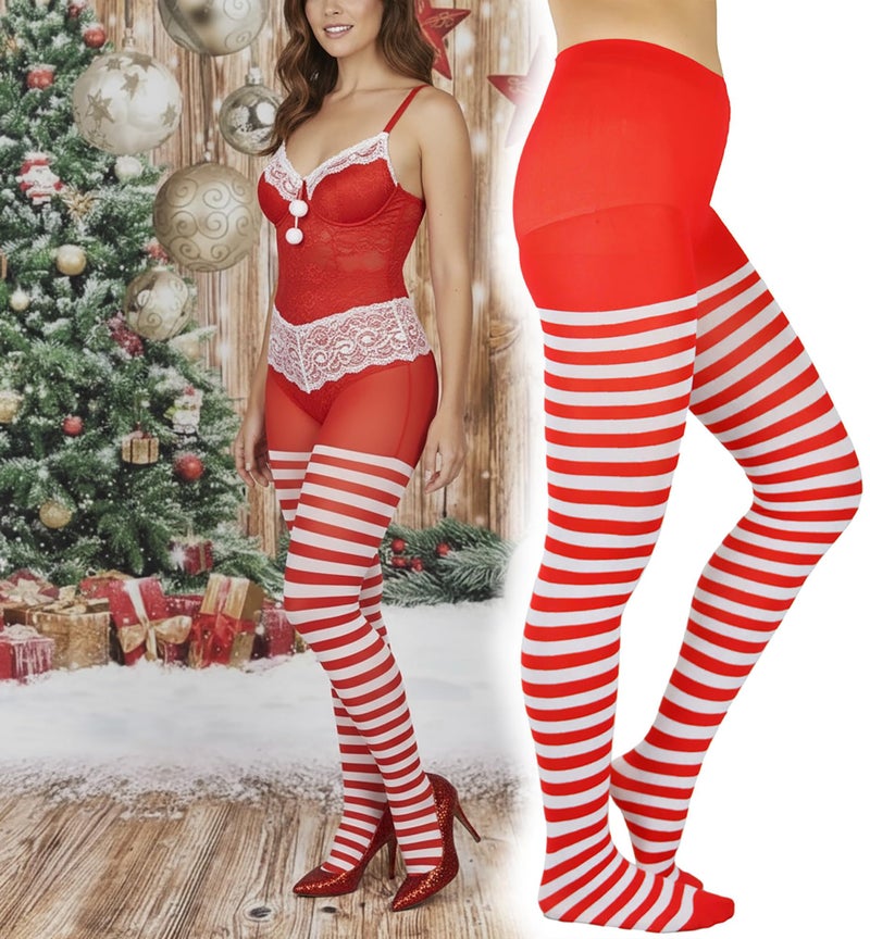 ToBeInStyle Women's Nylon Horizontal Striped Tights - White/Red - Plus - Image 3